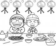 des asiatiques qui mangent pour le nouvel an chinois dessin à colorier